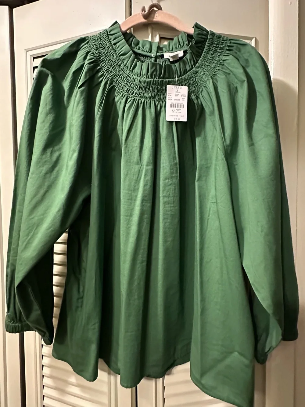 J. Crew Green Smocked Neck Long-Sleeve Blouse